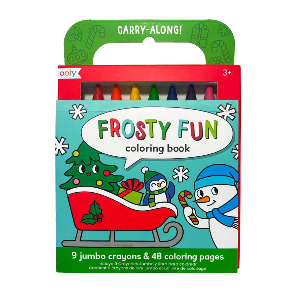 Packaging of 'Frosty Fun' coloring book with crayons featuring Christmas-themed illustrations.