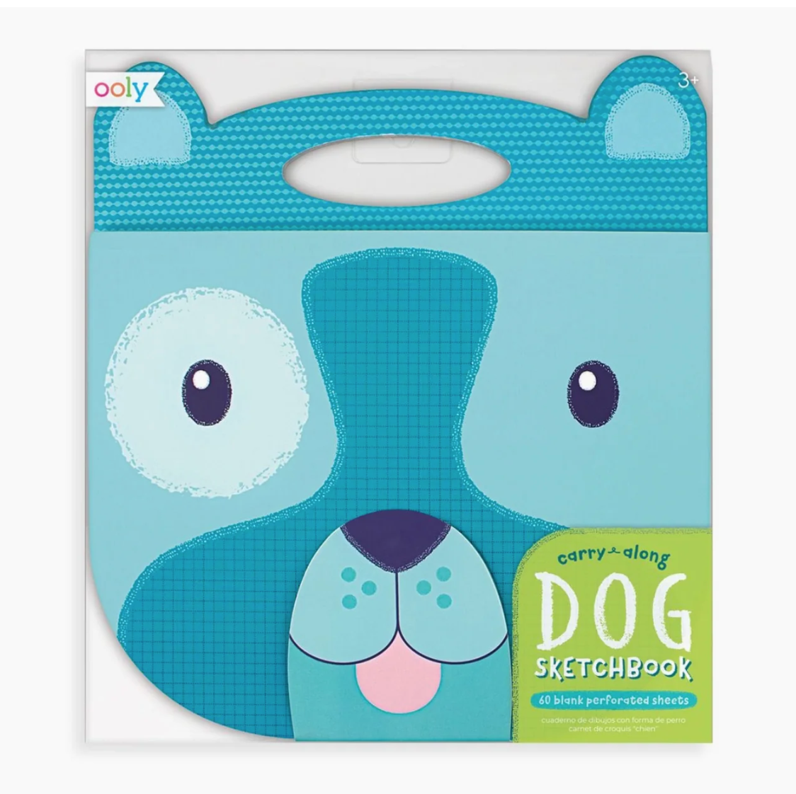Oooly Dog Sketchbook carry-on pocket, featuring a colorful cartoon dog face design with a built-in handle, shown on a clean white background.