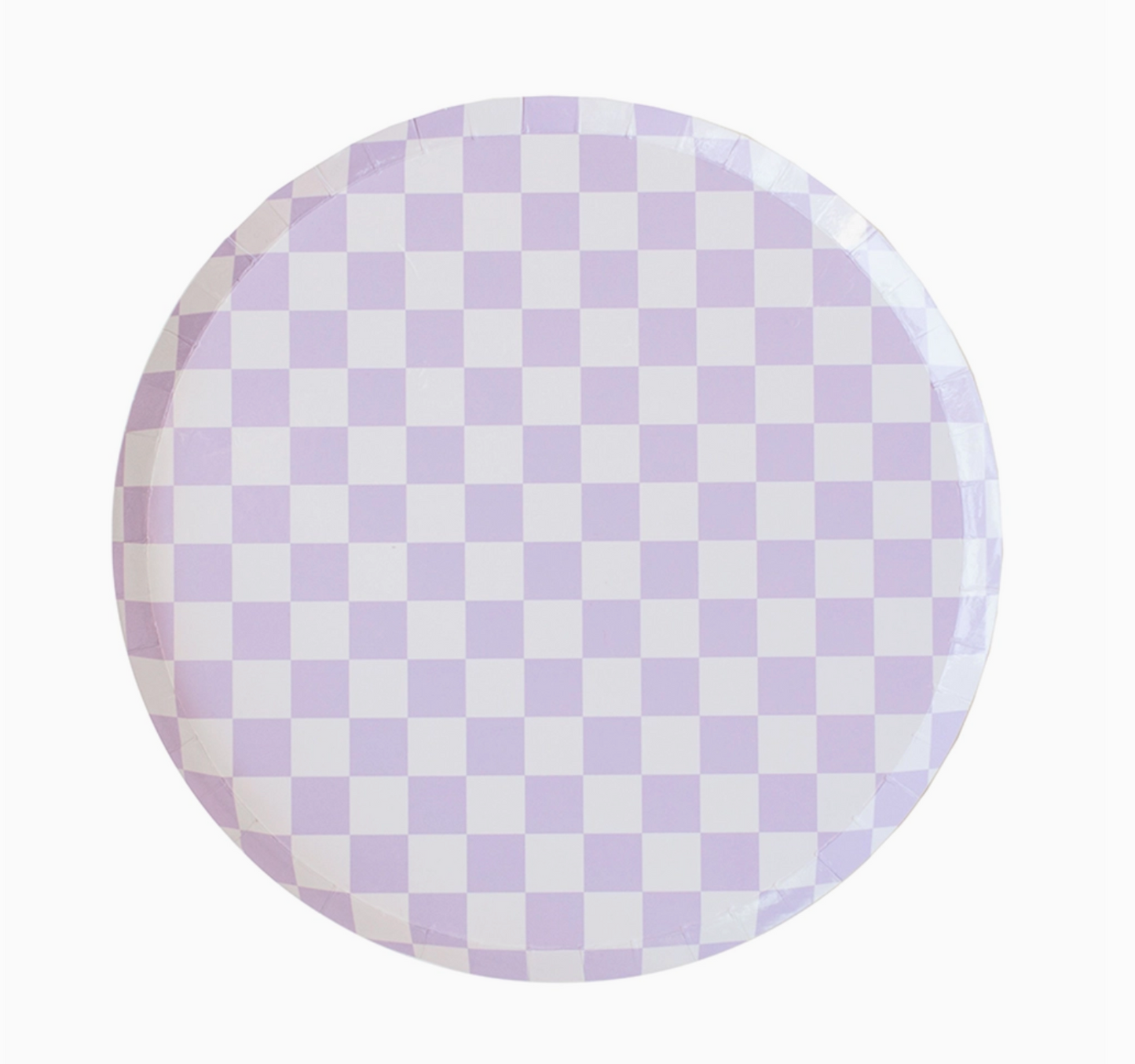 Round plate with purple and white checkered pattern on a white background