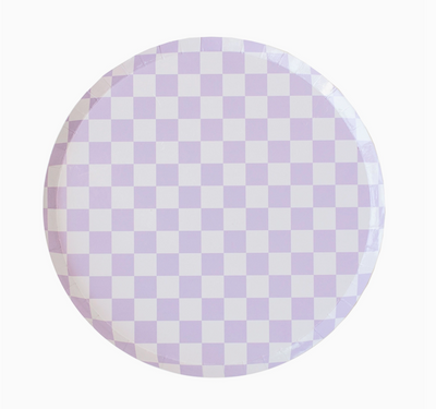Round plate with purple and white checkered pattern on a white background