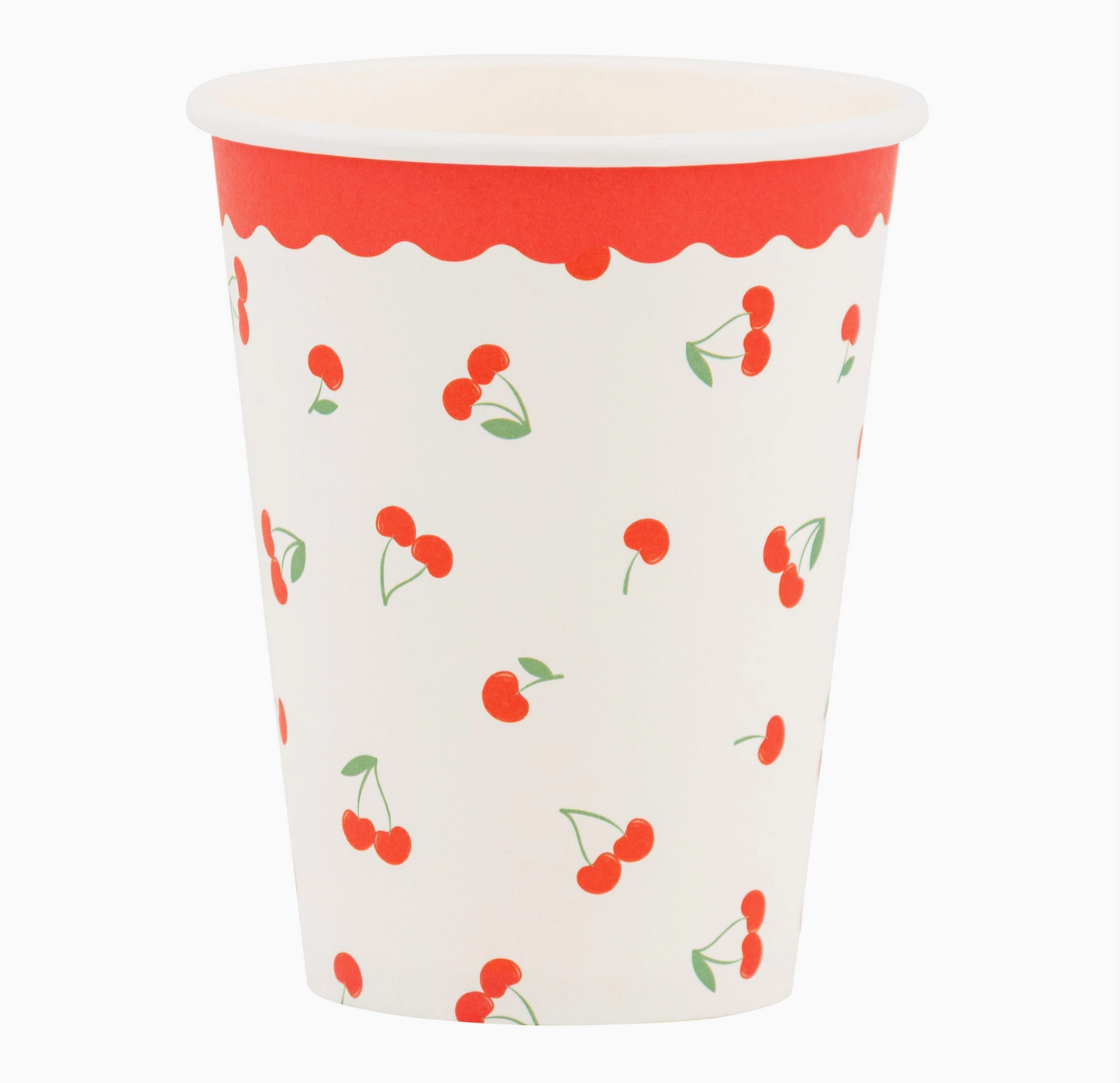 Paper cup with red cherry pattern on a white background