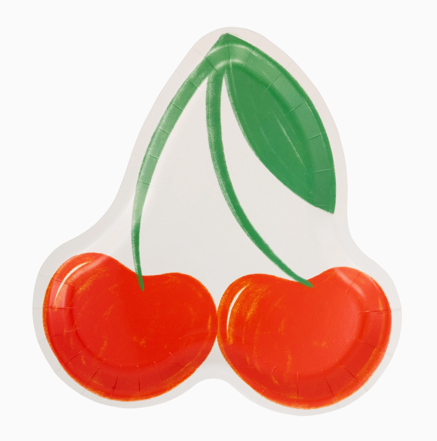 Paper plate shaped like a cherry with two red cherries and a green stem on a white background
