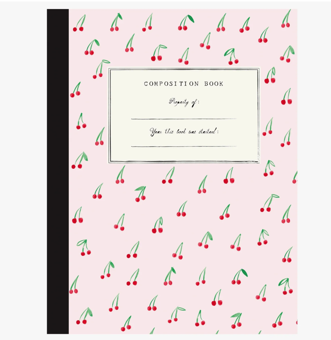 Composition book with cherry pattern on a pink background