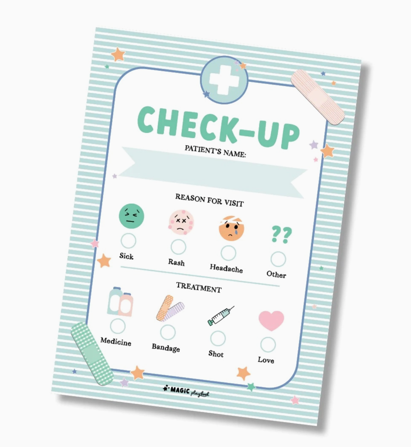 Check-up form with colorful icons and text on a white background