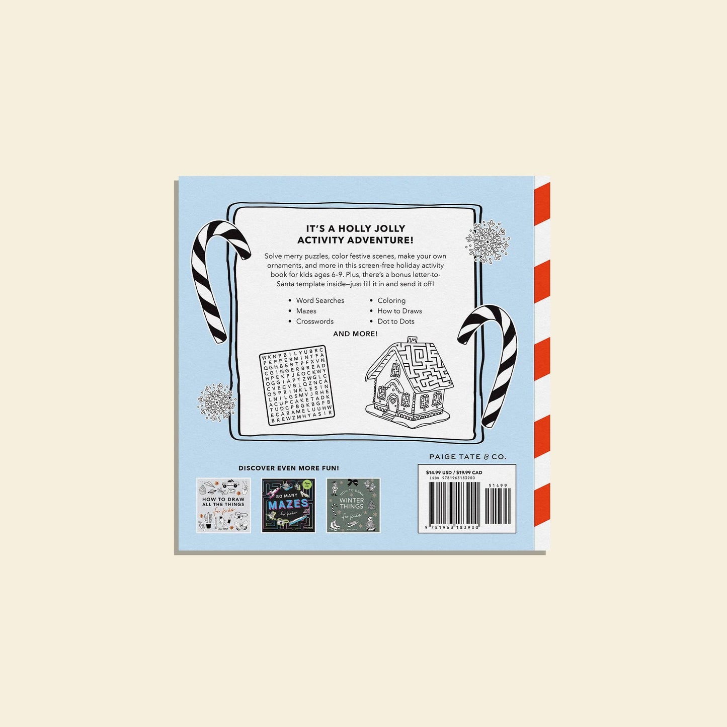 Back cover of a book with Christmas-themed activities on a light beige background