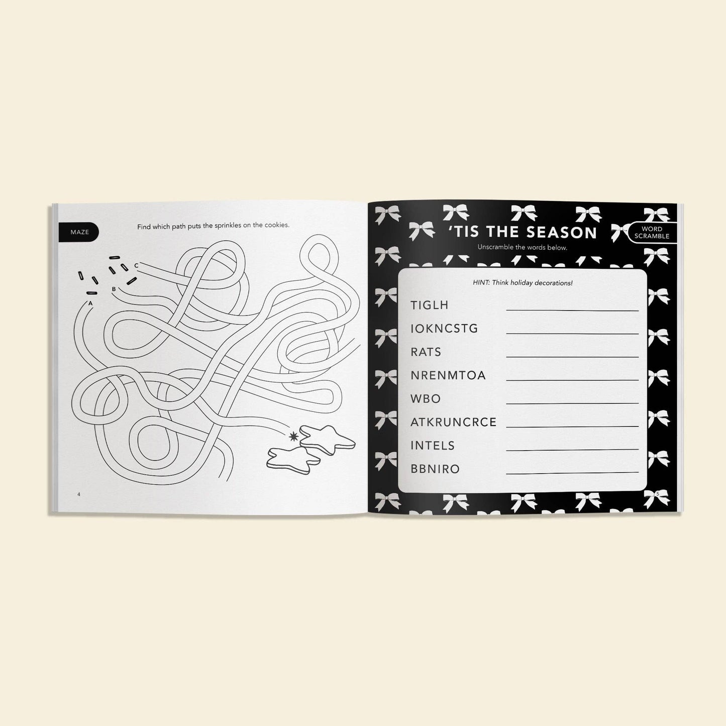 Open book with maze and word search puzzle on a beige background