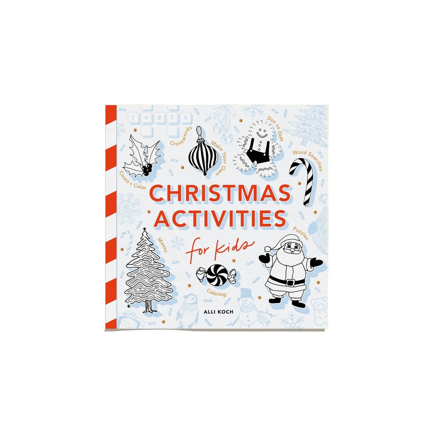 Book titled 'Christmas Activities for Kids' with festive illustrations on a light beige background
