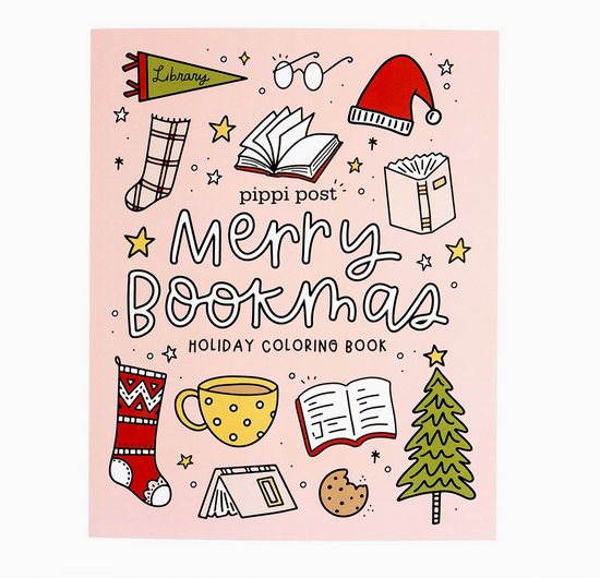 Cover of the 'Merry Bookmas Holiday Coloring Book' featuring cartoon illustrations of books, a cup of coffee, and a Christmas tree on a pink background.