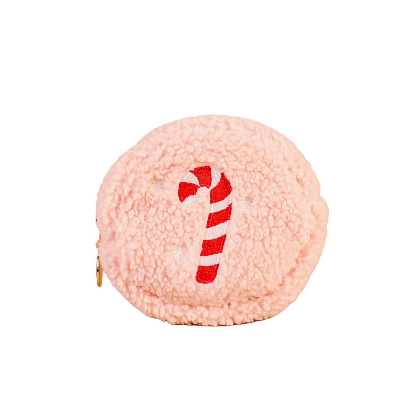 Pink fluffy pouch with a candy cane design on a beige background