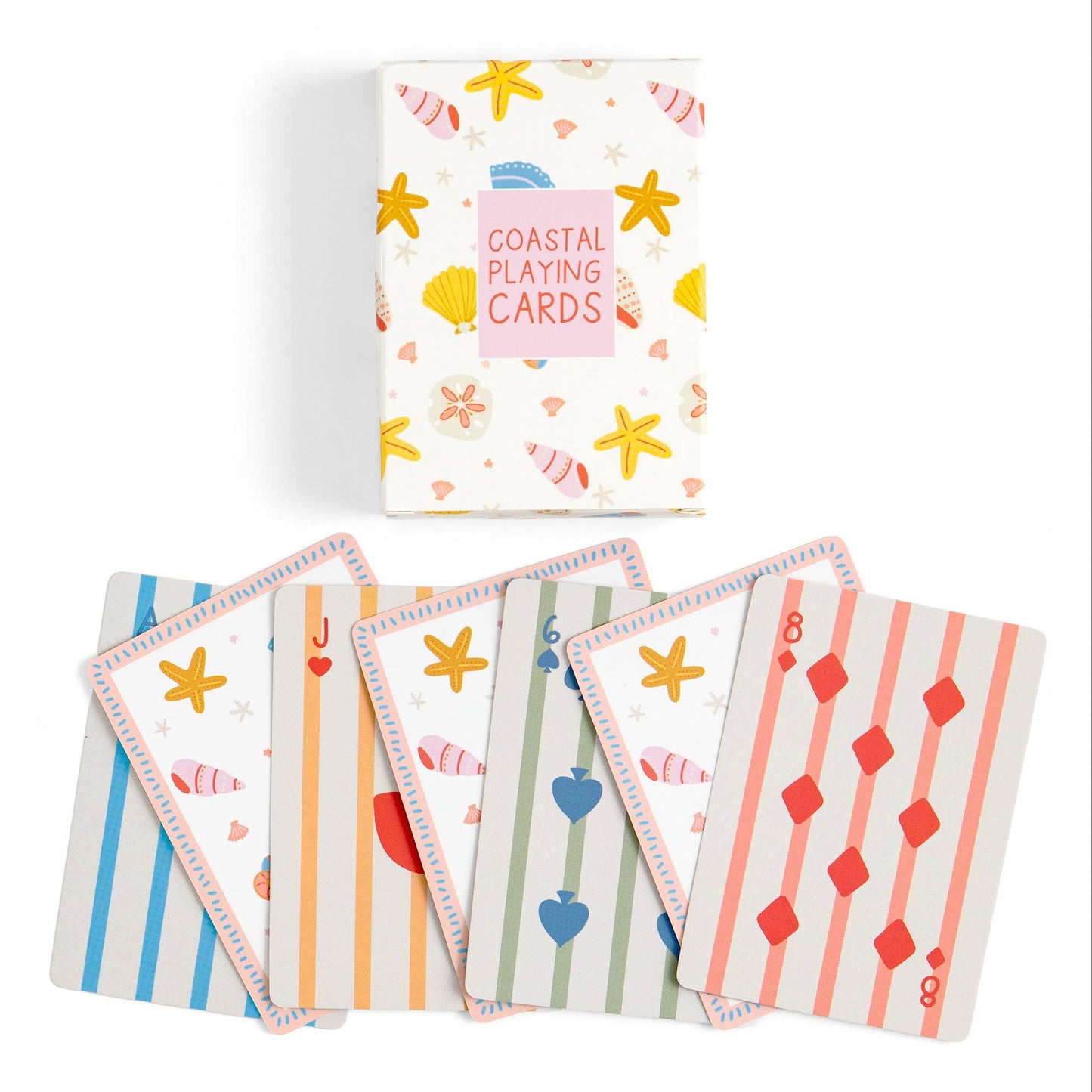 Coastal design playing cards with a deck cover featuring sea-themed illustrations.