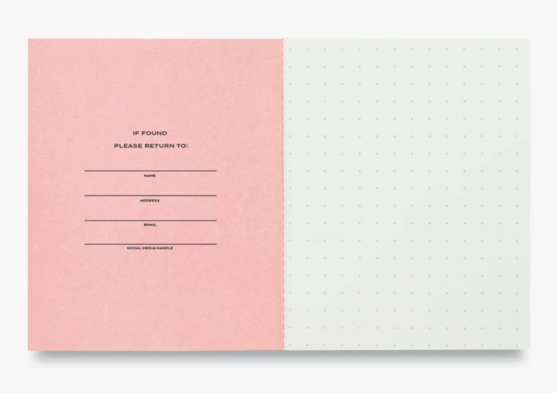 Two notebook covers, one pink and one white, with text on a light gray background.