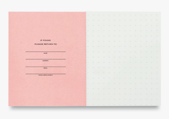 Two notebook covers, one pink and one white, with text on a light gray background.