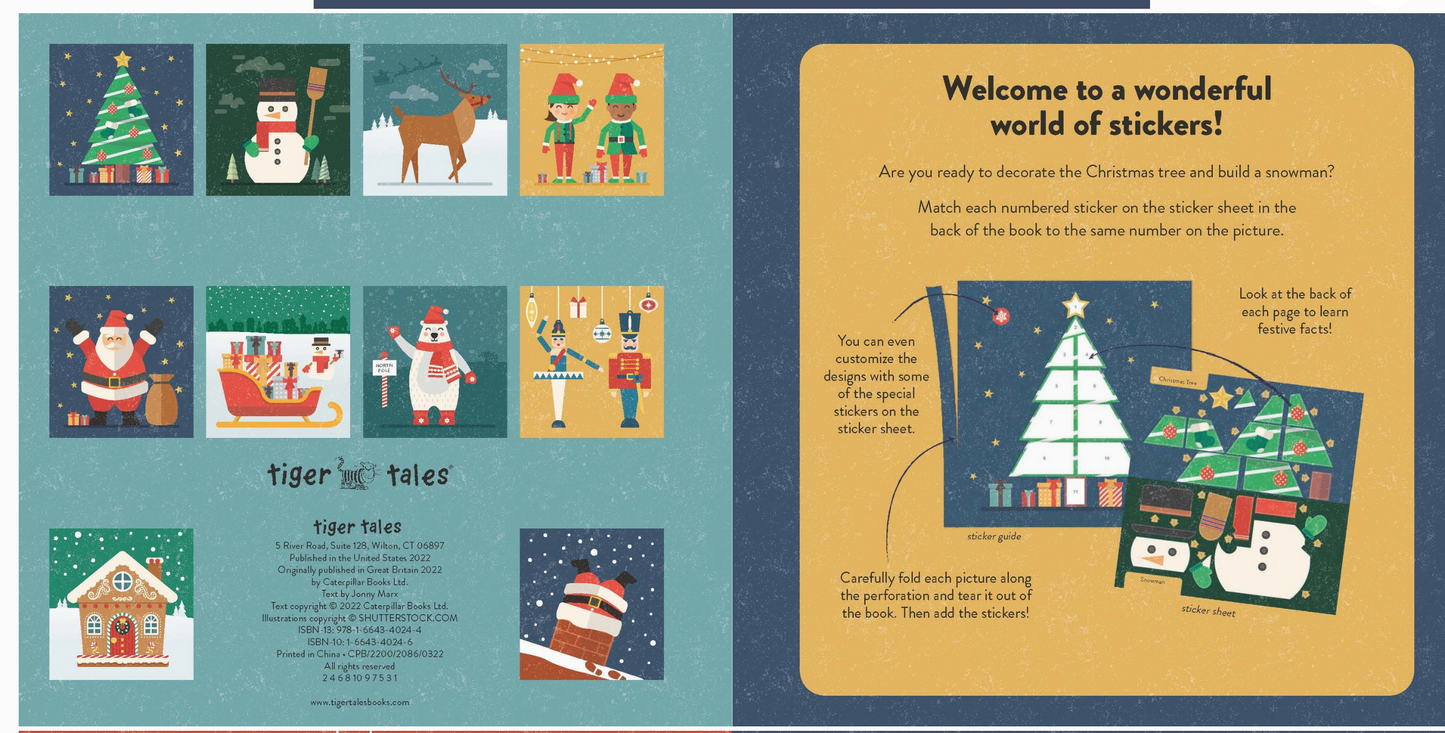 Collection of Christmas-themed stickers with a welcome message on a blue and brown background.