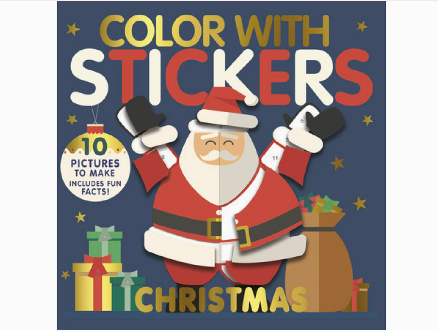 Book cover of 'Color with Stickers Christmas' featuring Santa Claus and presents on a blue background.