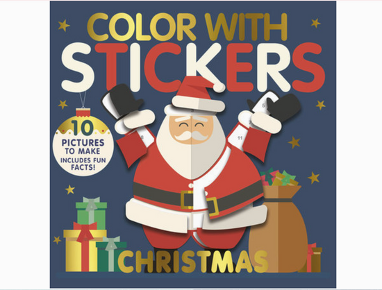 Book cover of 'Color with Stickers Christmas' featuring Santa Claus and presents on a blue background.