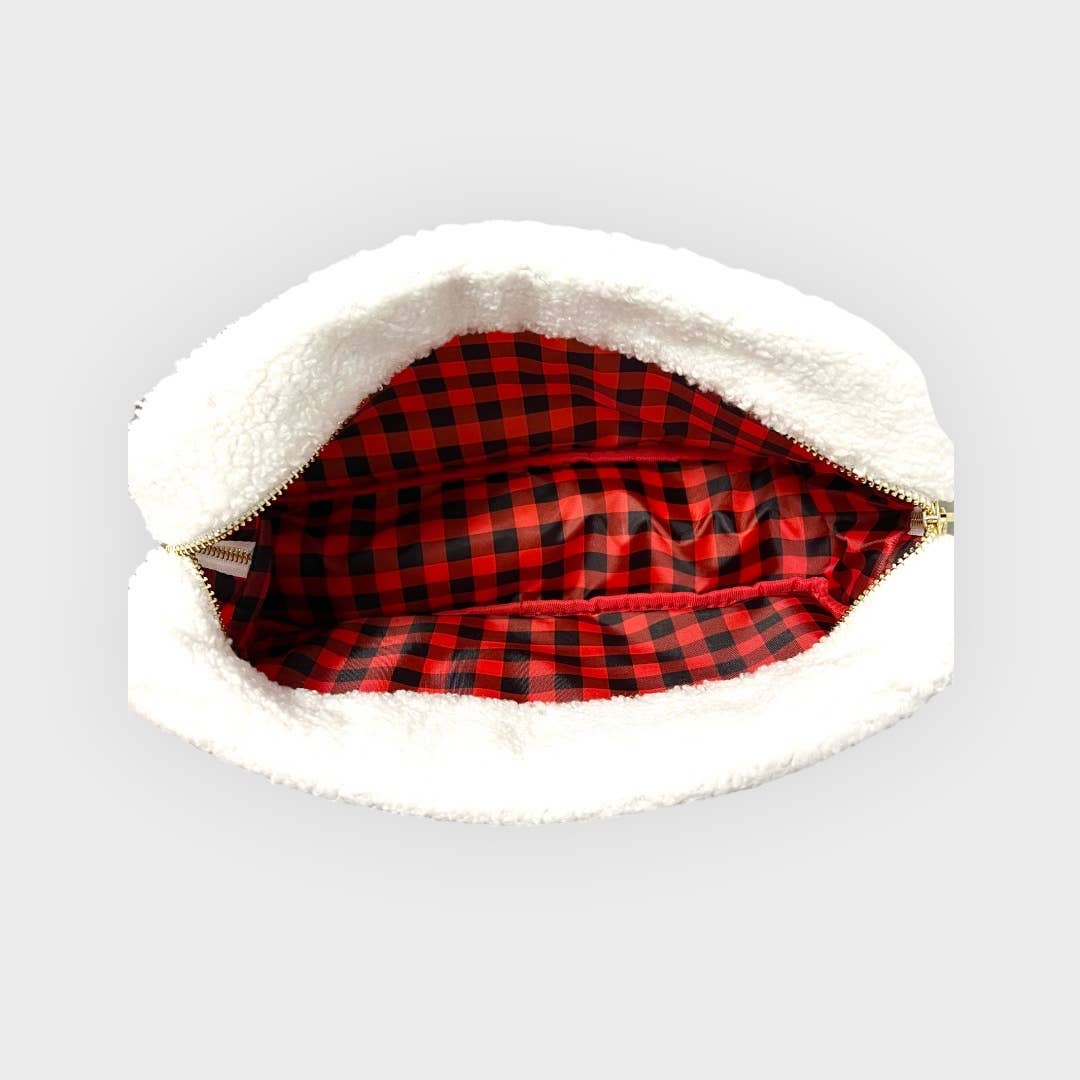 White pouch with red and black checkered interior on a light gray background