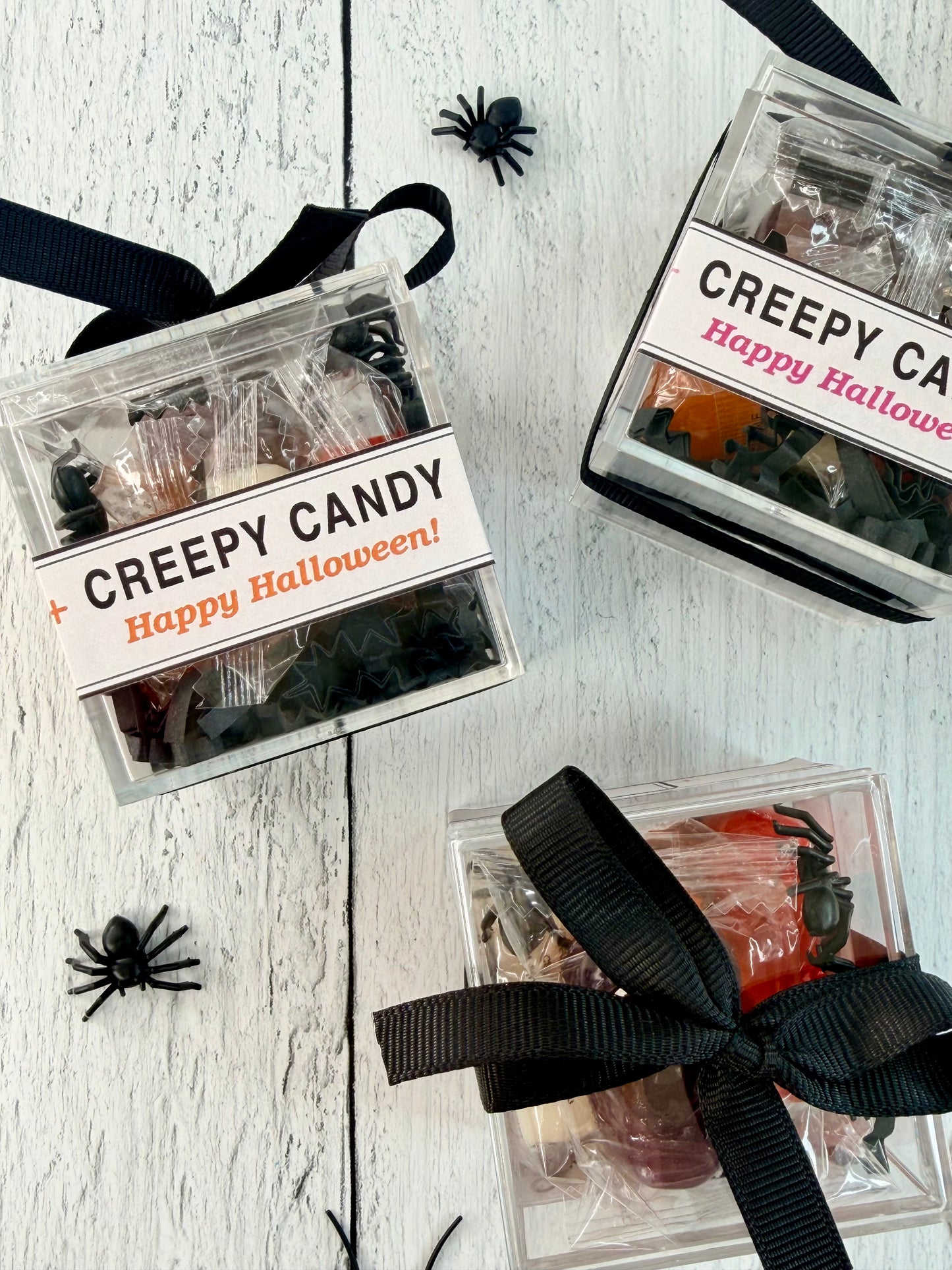 Three clear plastic gift boxes of creepy Halloween candy arranged on a white wood background, each with a black ribbon and a label reading 'CREEPY CANDY Happy Halloween!'. Black spider decorations are scattered around.