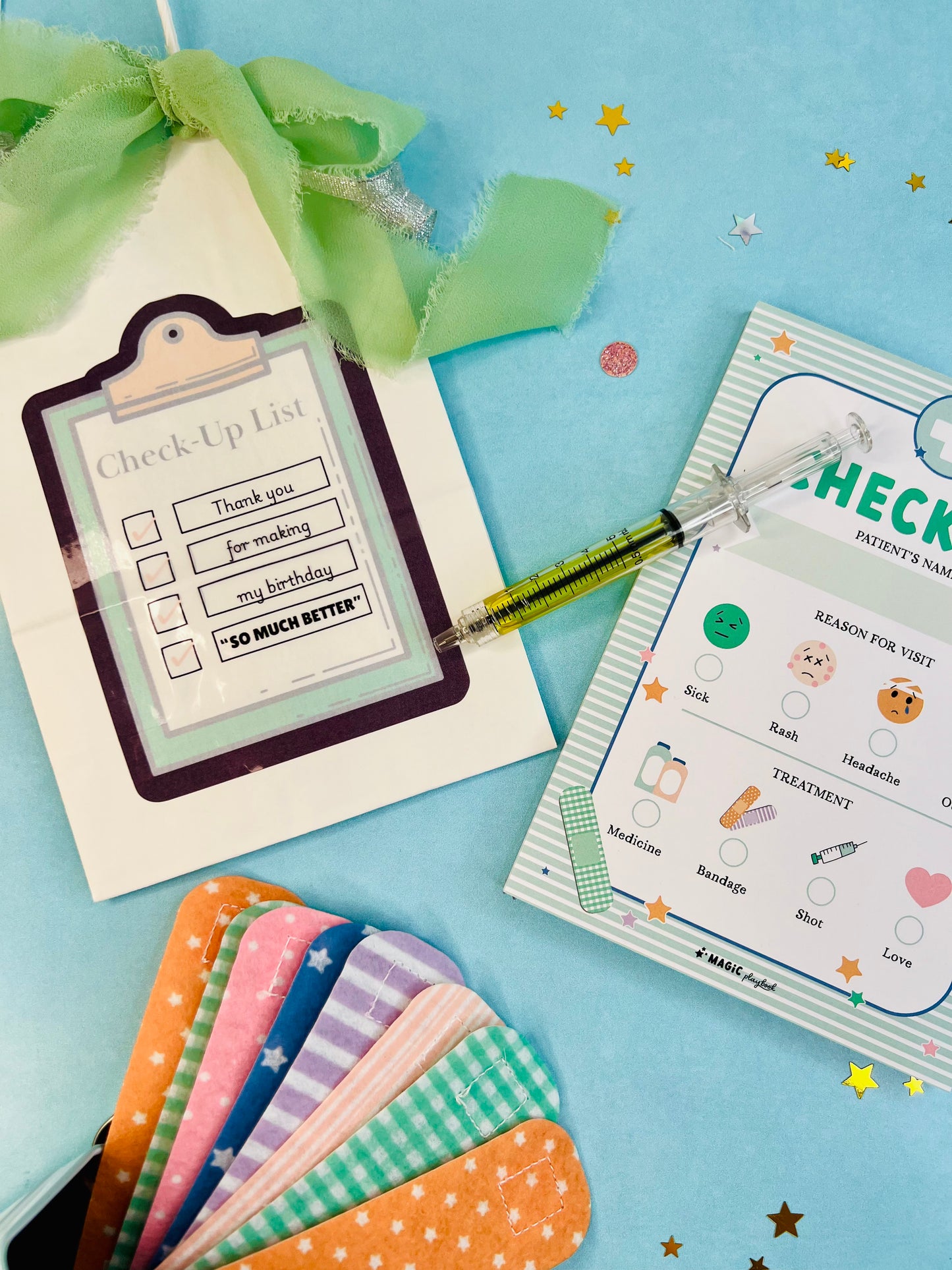 Check-up list card with colorful stationery items on a blue background