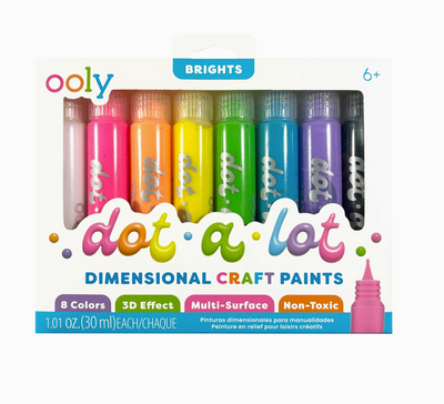 Pack of Ooly dot a lot dimensional craft paints in bright colors on a white background