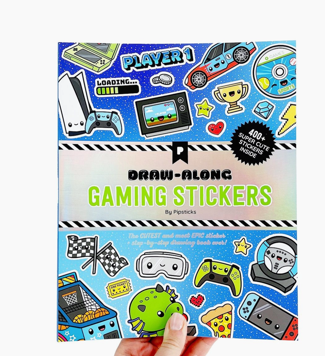 Packaging of 'Draw-Along Gaming Stickers' by Pipsticks with colorful gaming-themed stickers.