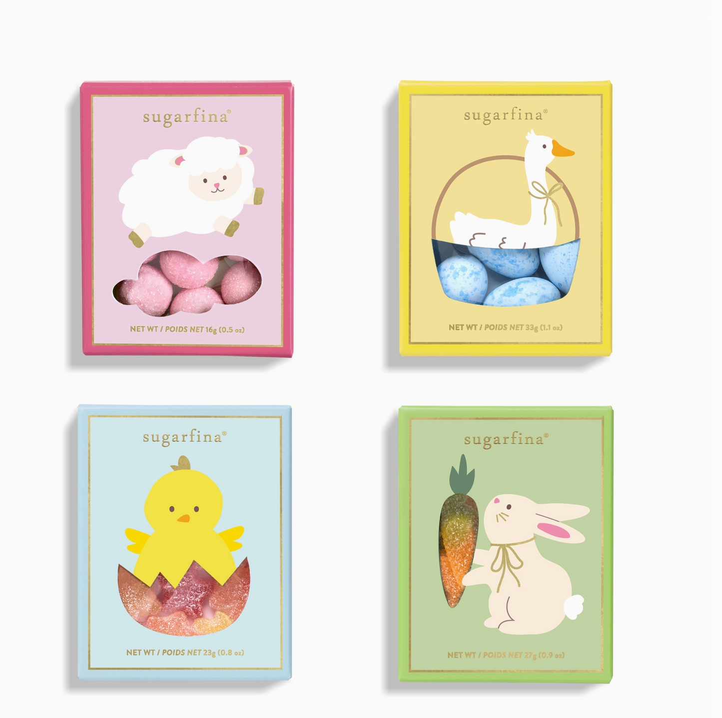 Four colorful packaging boxes from sugarfina with illustrations of a sheep, duck, rabbit, and chick on a white background.