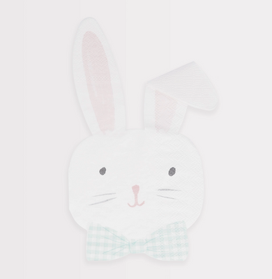 White bunny face with pink nose on a light gray background