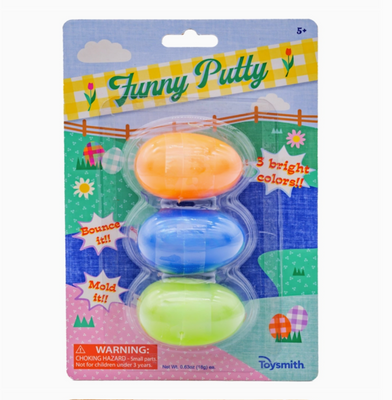 Packaged toy set with colorful putty balls on a playful background, featuring the brand 'Toysmith'.