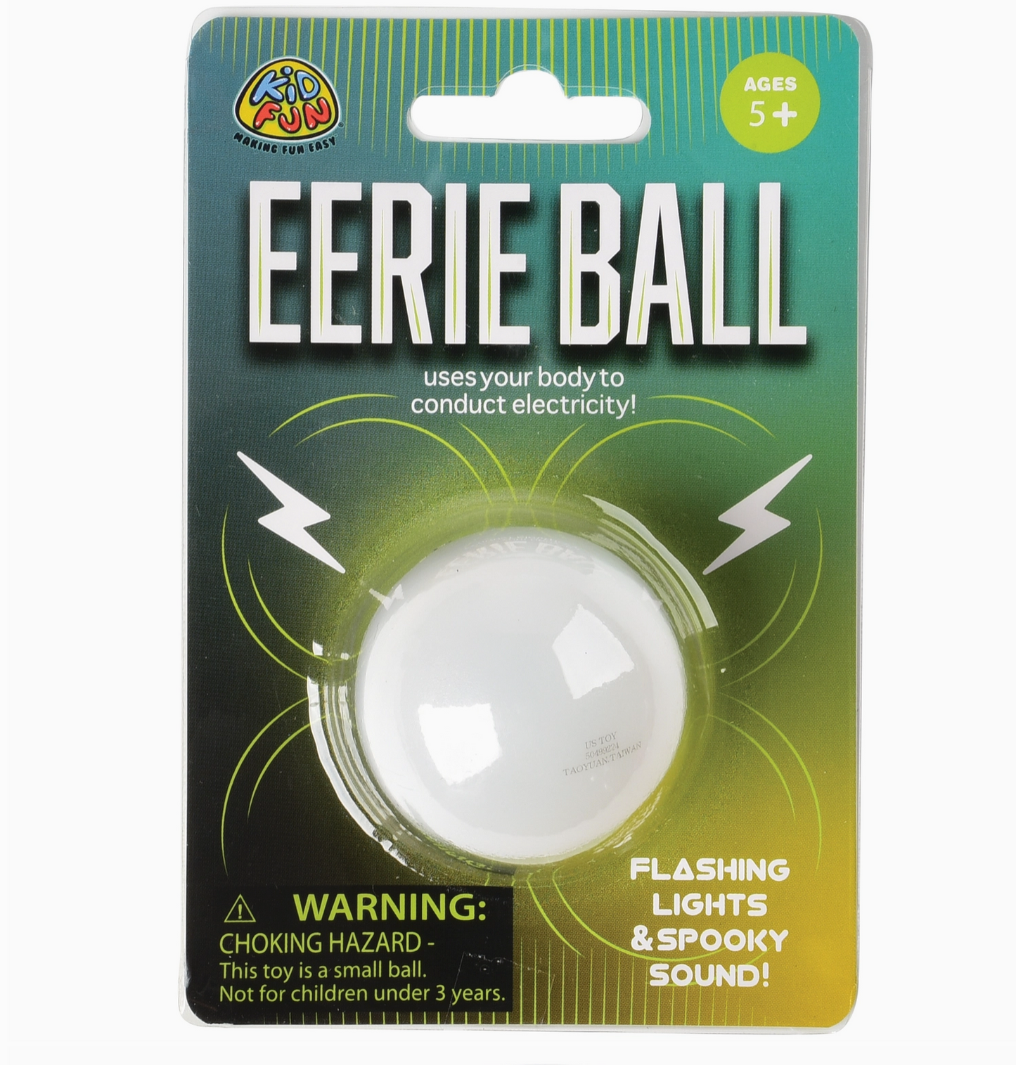 Packaging of an eerie ball toy with green and yellow design