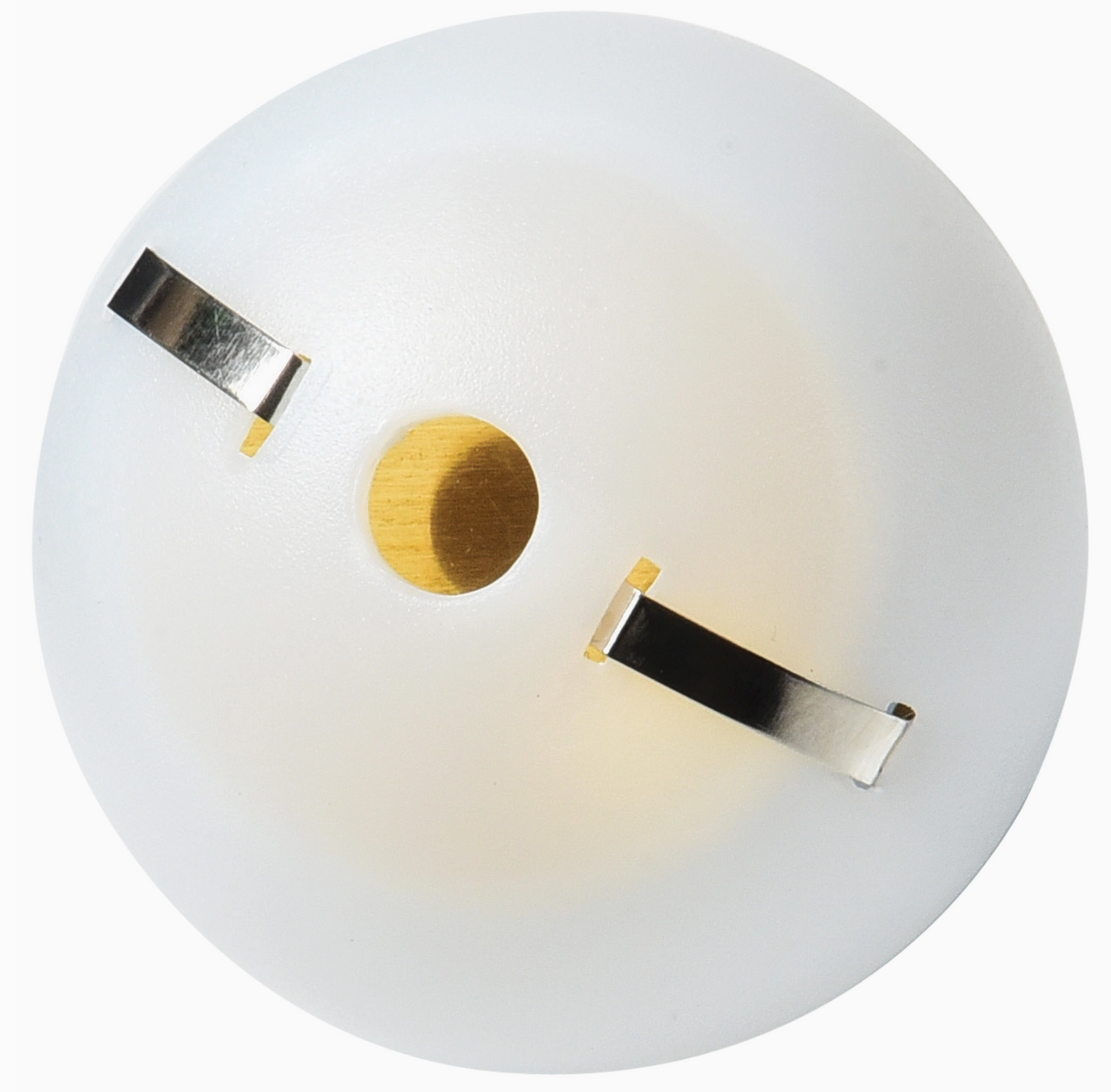 Round white light fixture with metallic accents on a white background