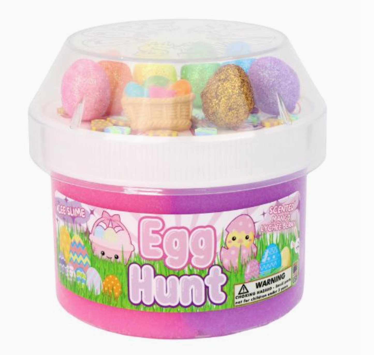 Easter-themed slime in a container with colorful eggs and a basket on a white background.