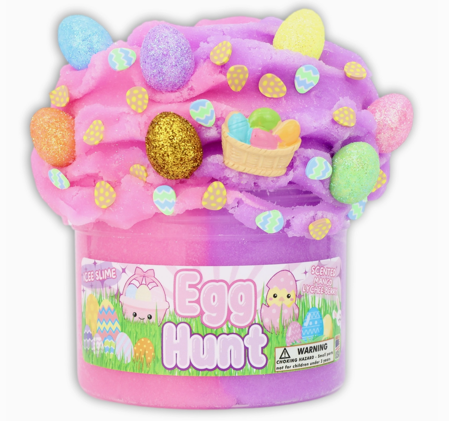 Pink and purple slime container with Easter-themed decorations and a visible label.