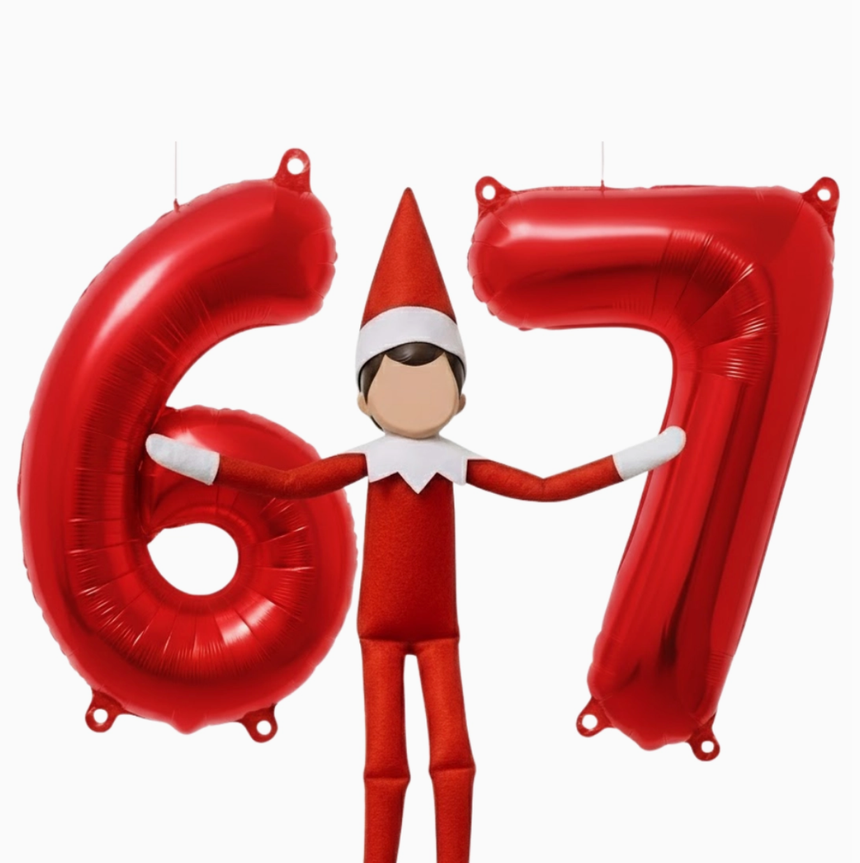 Elf on the Shelf character with red number balloons '67' on a white background