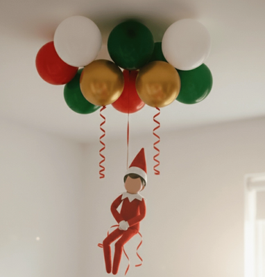 Elf on the Shelf with balloons against a white ceiling