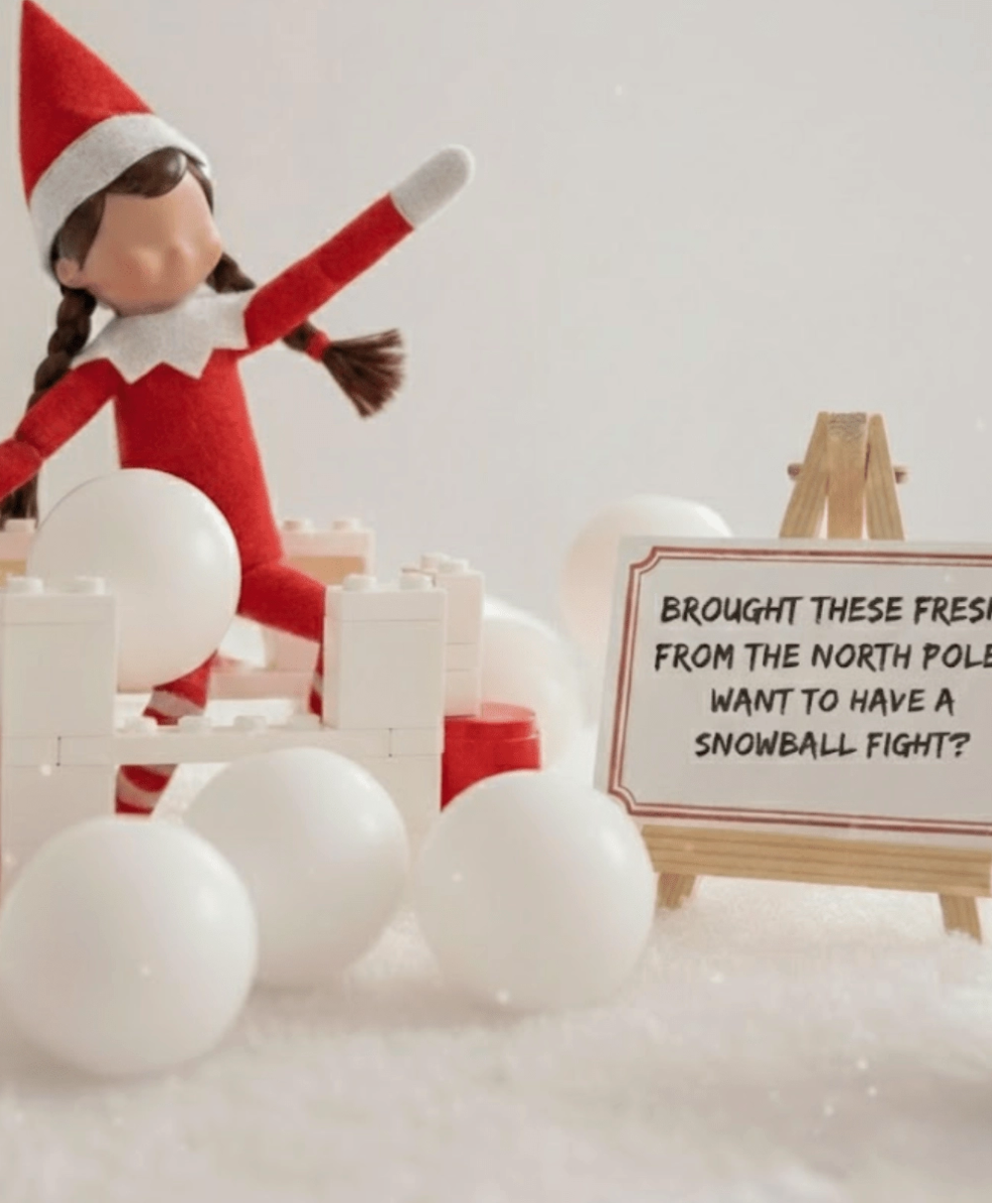 Elf on the Shelf with snowballs and a sign asking for a snowball fight, branded 'Ellie's Party Supply'.