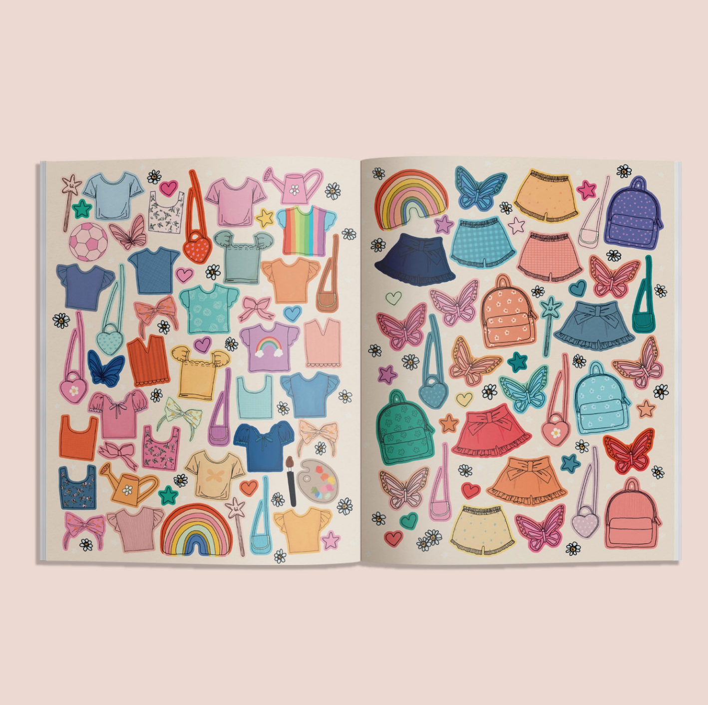 Two pages of colorful clothing and accessory stickers on a pink background.