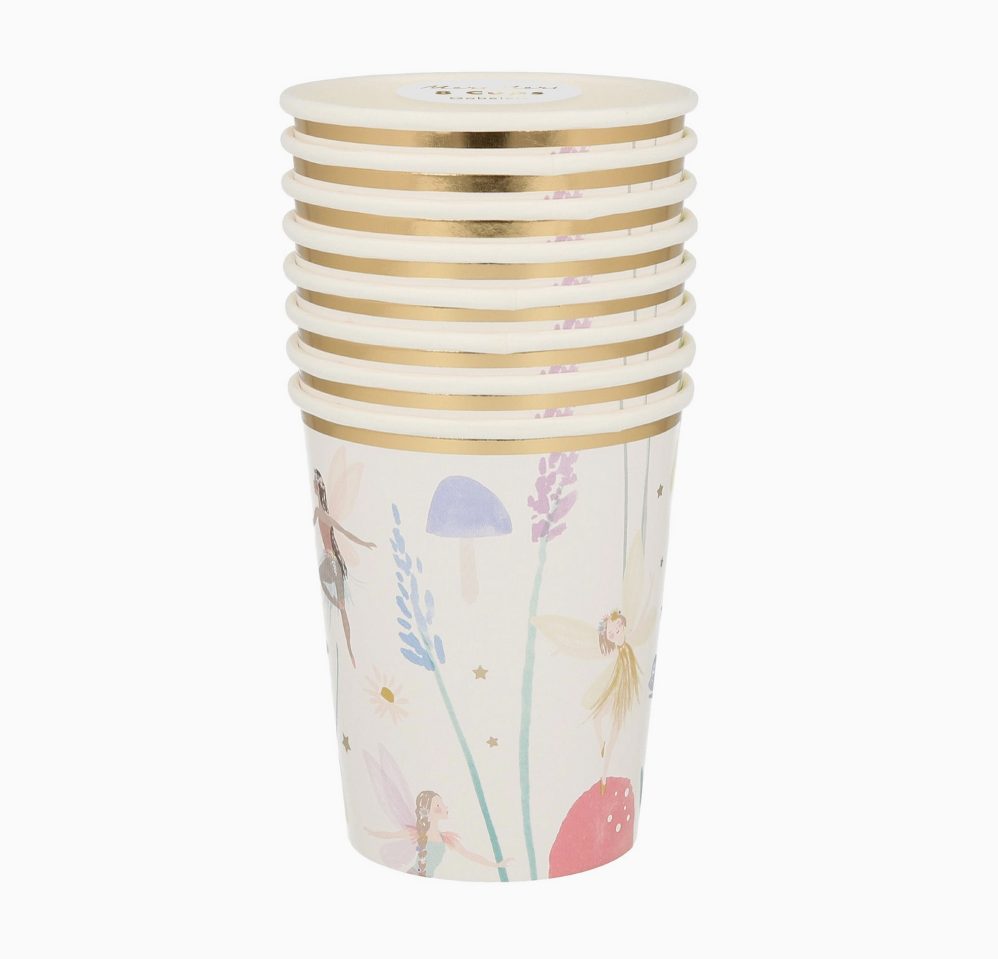 Set of paper cups with fairy and floral design on a white background