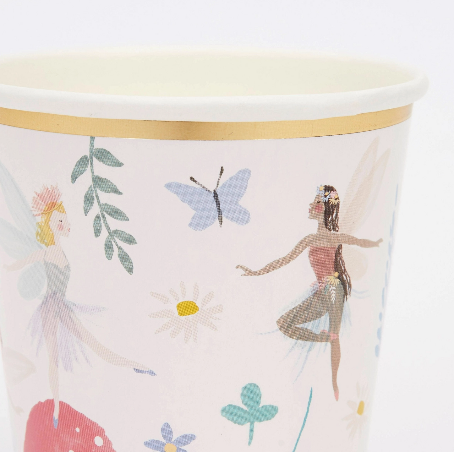 Cup with fairy and butterfly design on a white background