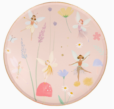Round pink plate with fairy and floral design on a white background