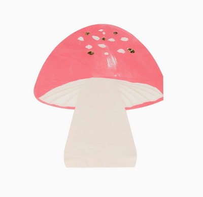 Mushroom-shaped hat with pink cap and beige stem on a white background