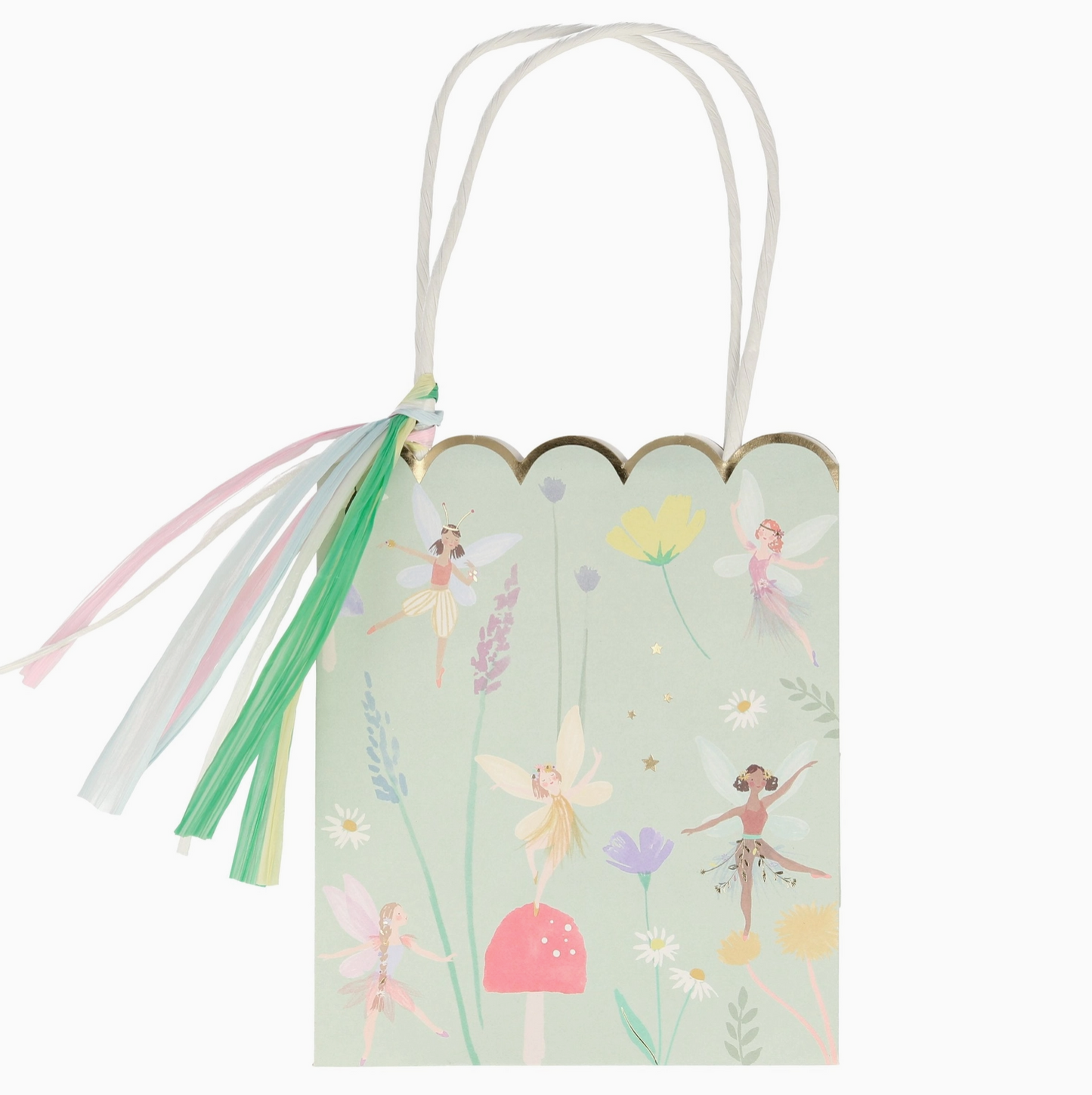 Decorative gift tag with fairy designs and tassels on a white background