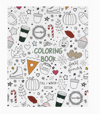 Coloring book cover with fall-themed illustrations on a white background