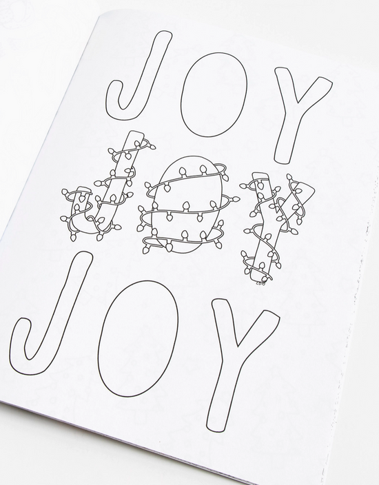 Black and white 'JOY' text with Christmas lights on a white background