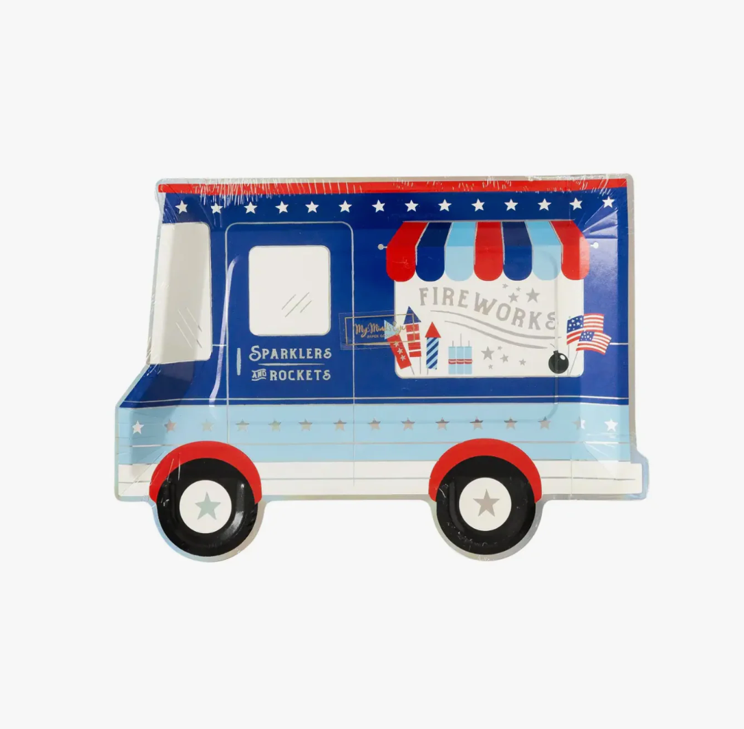 Decorative firework truck with red, white, and blue colors on a white background