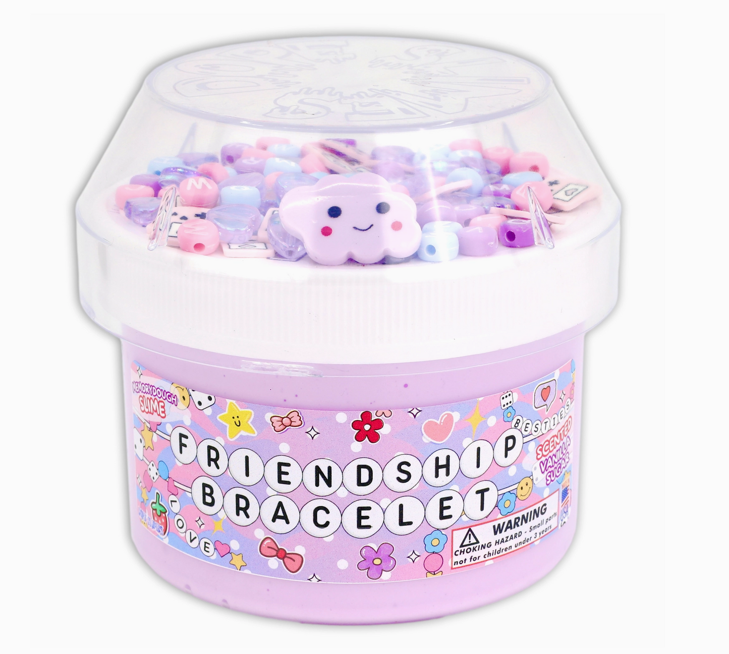 Pink container filled with colorful plush toys and a smiling cloud toy, labeled 'Friendship Bracelet'.
