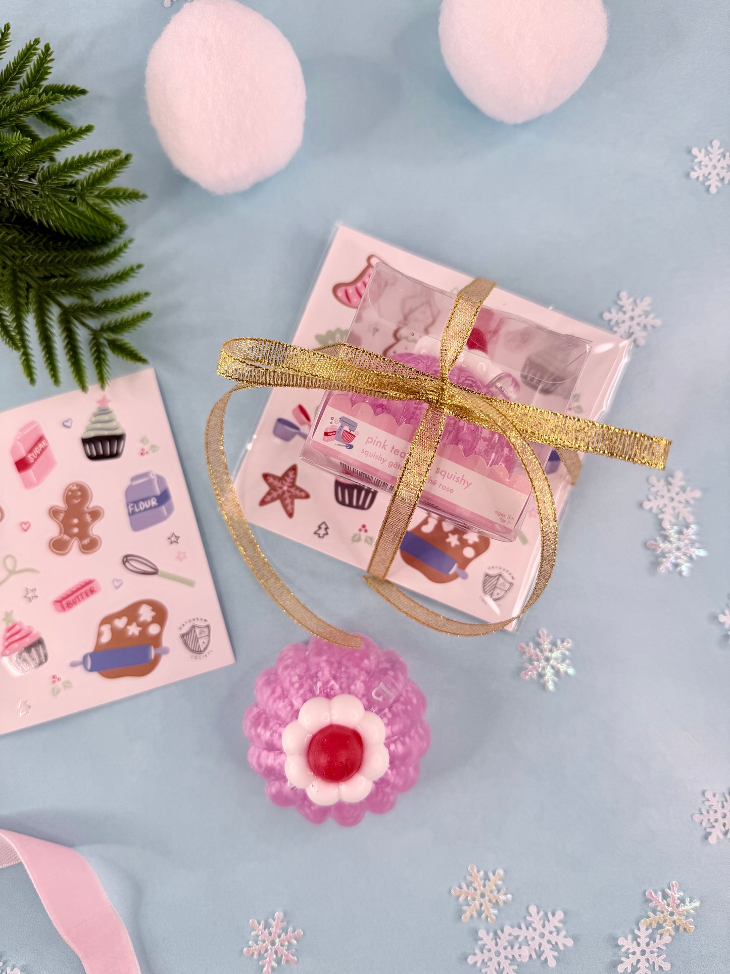 Pre-Made Holiday Party Favor – Tea Squishies and Baking Spirits Bright Sticker Set