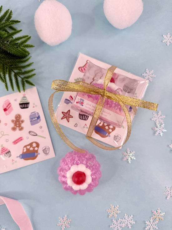 Pre-Made Holiday Party Favor – Tea Squishies and Baking Spirits Bright Sticker Set