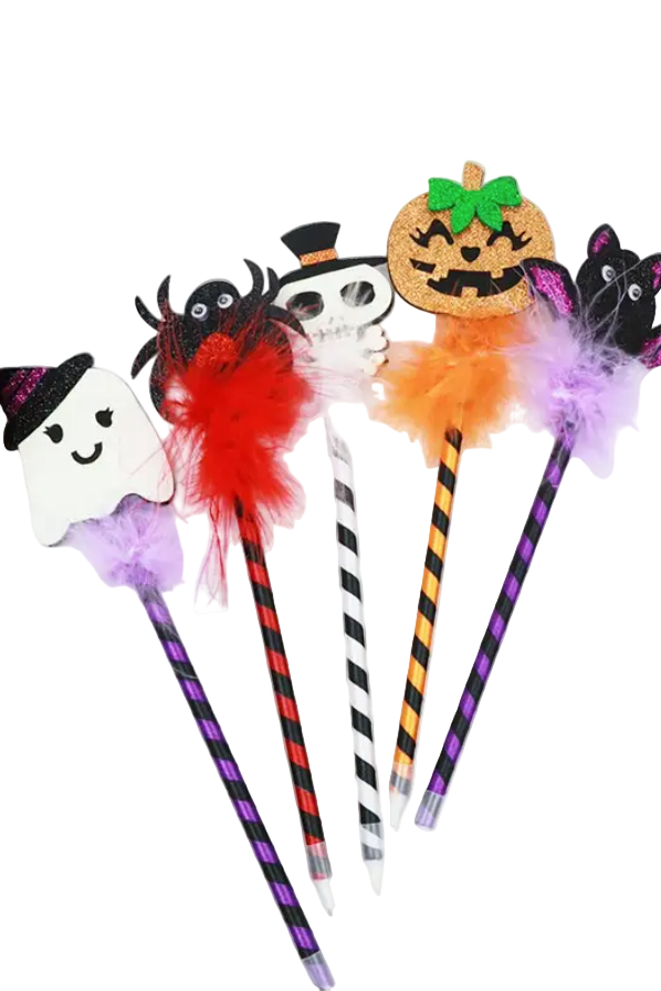 Set of Halloween-themed feather pens with ghost, spider, and pumpkin designs on a white background.