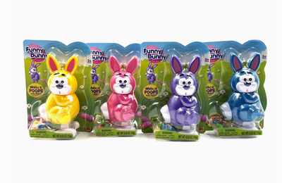 Four colorful bunny figurines in packaging on a white background