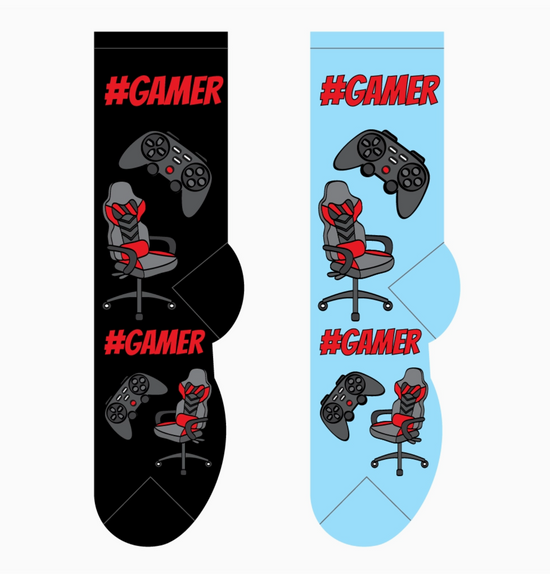 Two socks with '#GAMER' text and gaming-themed designs on a white background.