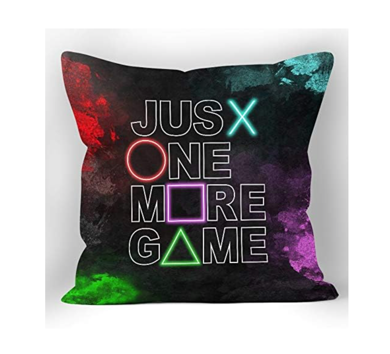 Decorative pillow with colorful text 'JUST ONE MORE GAME' on a black background